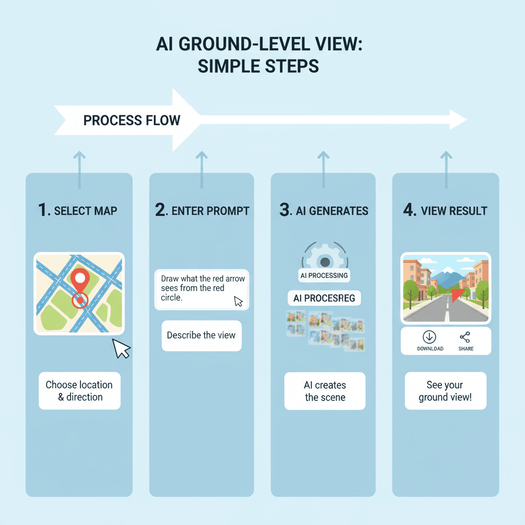 Usage steps for an AI tool that transforms map arrows into real-world ground-level views, showcasing ease of use.