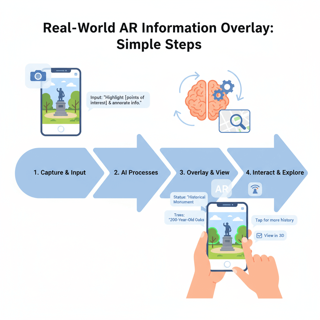 "Usage steps for an AI tool in the AR category, showcasing easy information overlays on real scenes."