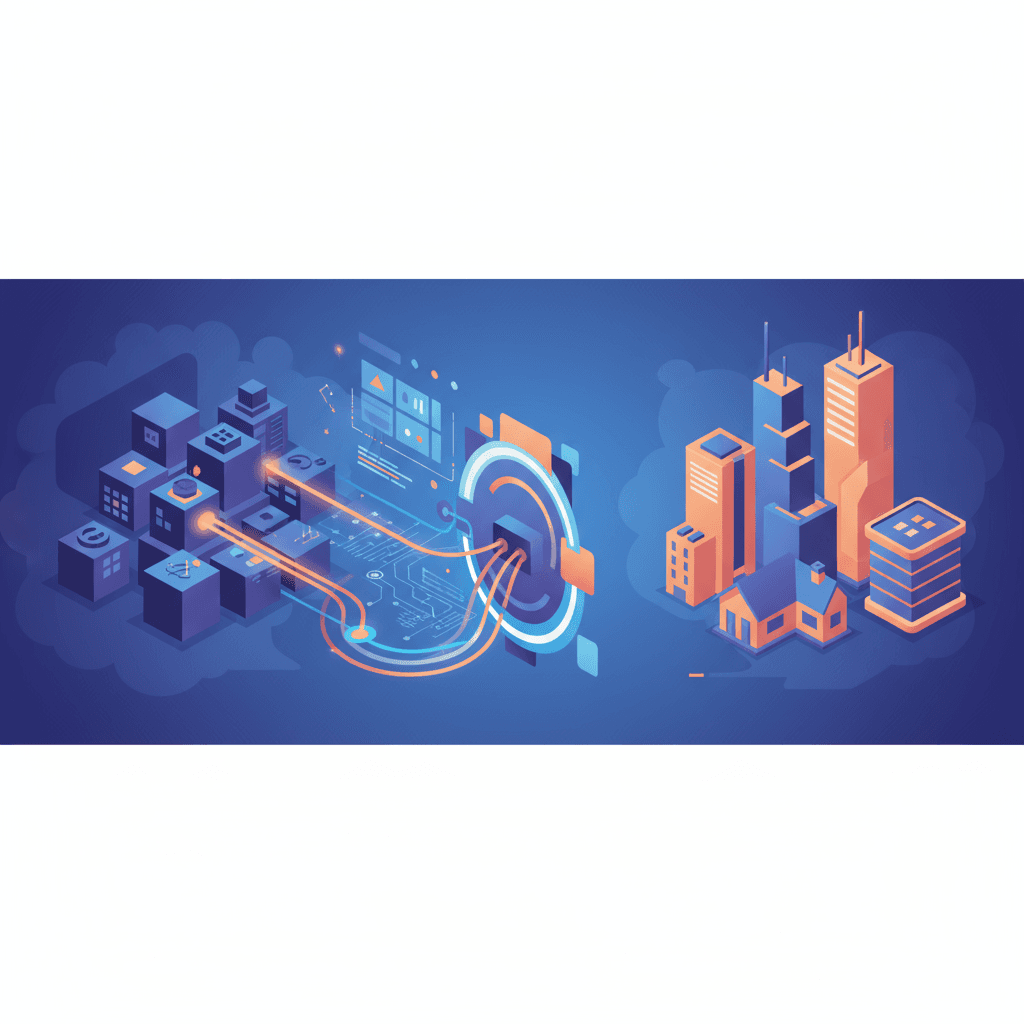 건물을 등각 모델 뷰로 추출하는 AI 도구 **3D_convert**의 일러스트레이션으로, 향상된 시각화를 위해 건물을 분리하는 과정을 보여줍니다.