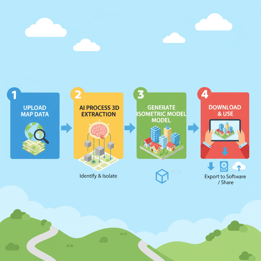 "3D 건물을 추출하고 간편한 등각 모델을 생성하기 위한 AI 도구의 사용 단계를 설명하는 워크플로우 다이어그램."