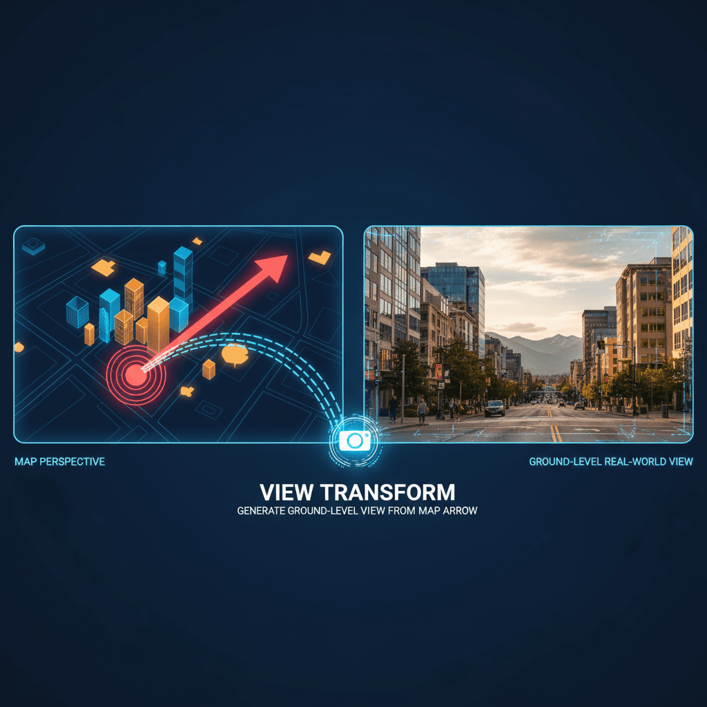 "Generate Ground-Level View from Map Arrow: AI generation transforms map perspective to real-world scene at arrow's location."