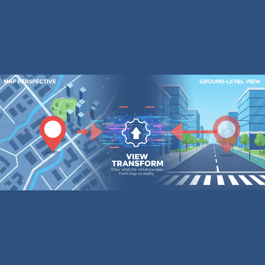 Artistic illustration of "Generate Ground-Level View from Map Arrow": AI transforms map perspective to real-world scene, enhancing navigation clarity.