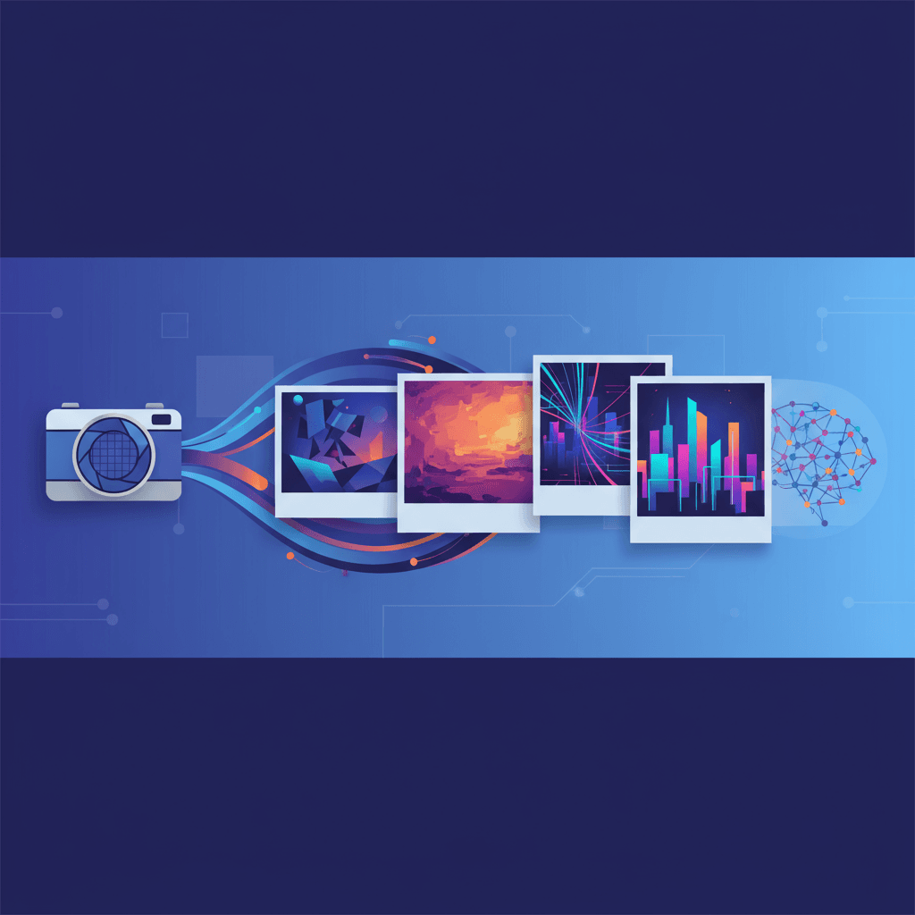 "Ilustração artística mostrando uma ferramenta de IA que transforma retratos modernos em vários estilos históricos, destacando a transferência de e…