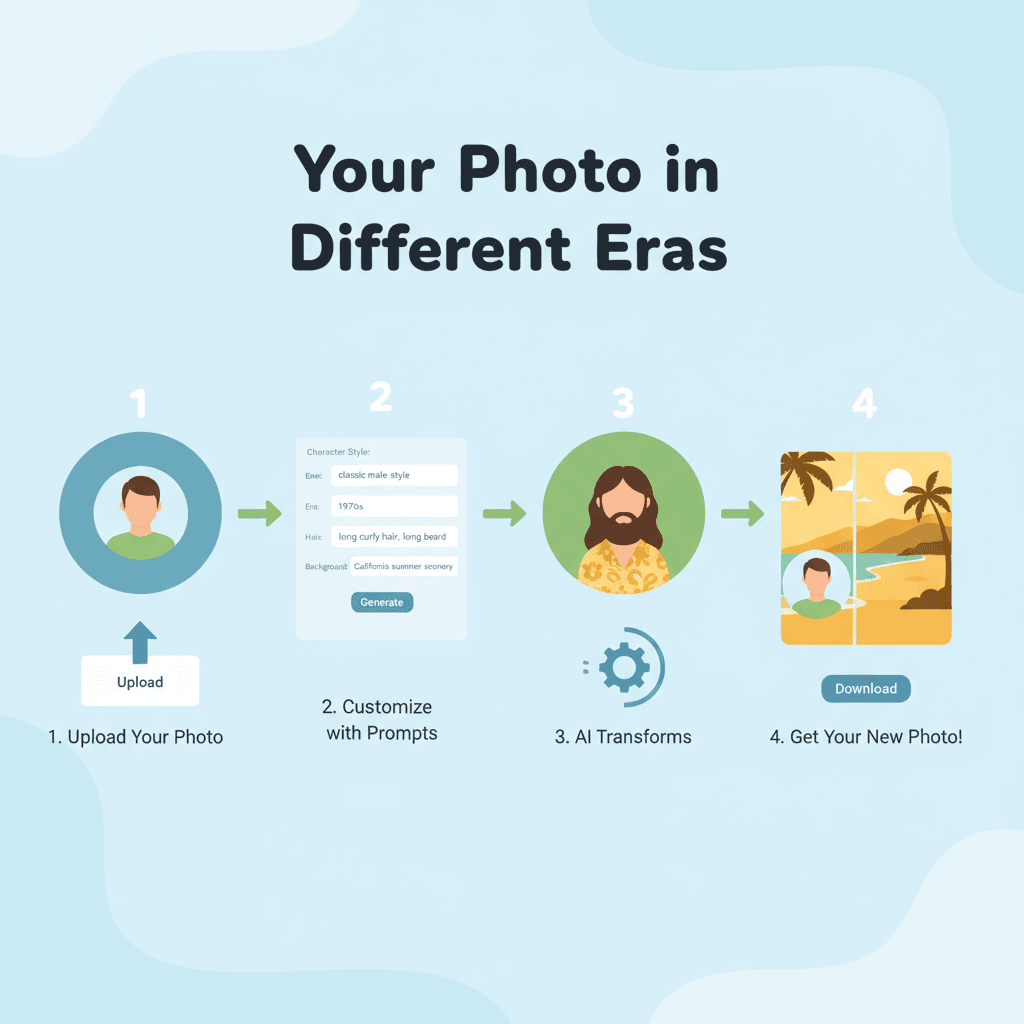 Diagrama de fluxo de trabalho mostrando as etapas de uso de uma ferramenta de IA que converte fotos modernas em vários estilos históricos facilmente.
