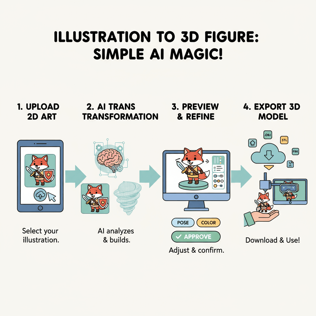 "Workflow diagram showcasing usage steps for an AI tool that transforms illustrations into 3D figure models easily."