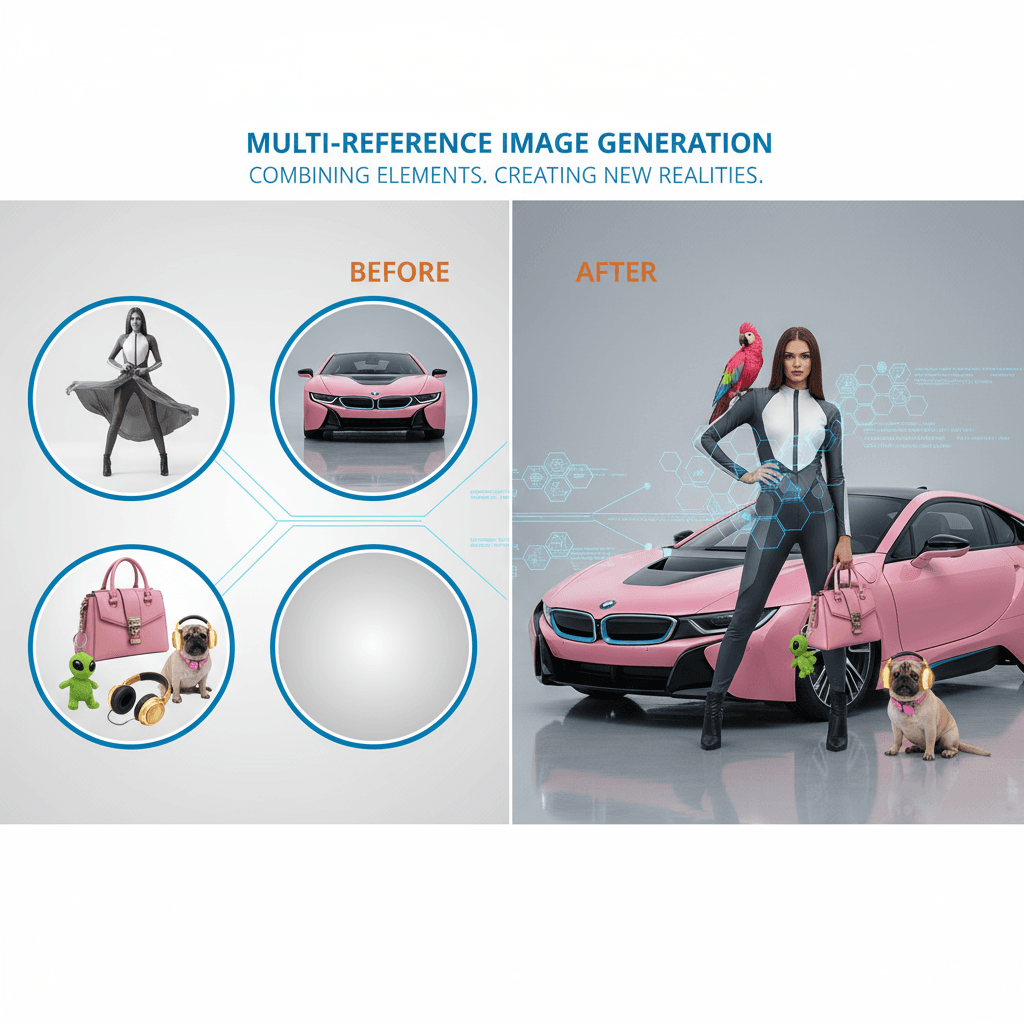 Multi-Reference Image Generation combines various reference elements for AI generation of composite scenes.