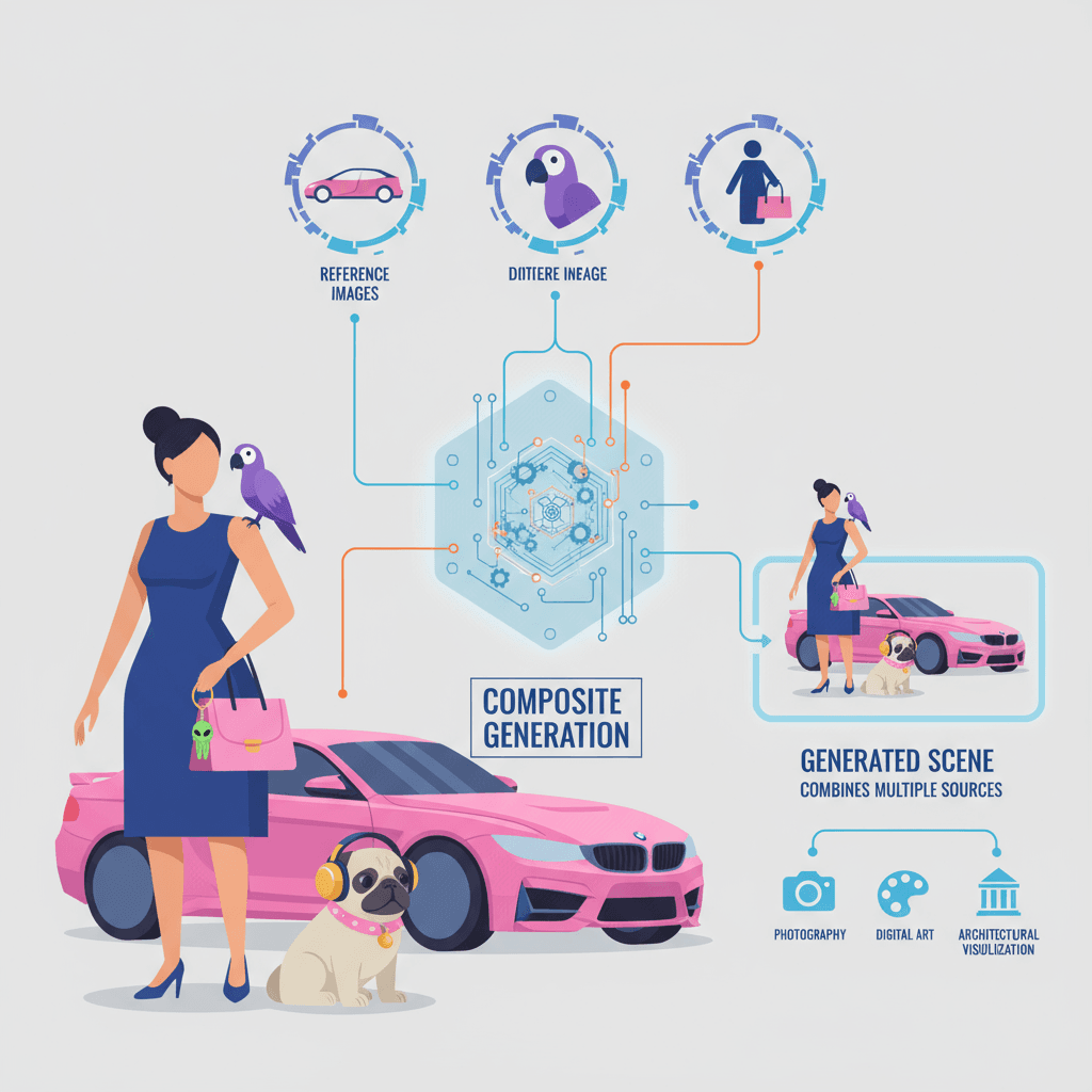 Artistic illustration of AI-driven composite generation, showcasing multiple reference images combined into cohesive scenes.