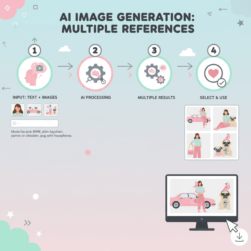 "Workflow diagram illustrating usage steps for an AI tool in multi-reference image generation, showcasing ease of creating composite scenes."
