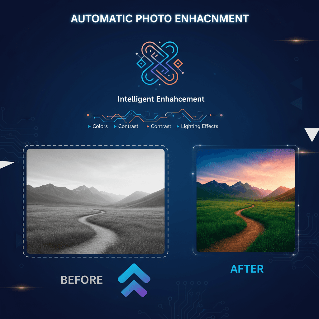 Artistic illustration of an AI tool for image enhancement, showcasing improved colors, contrast, and lighting effects.