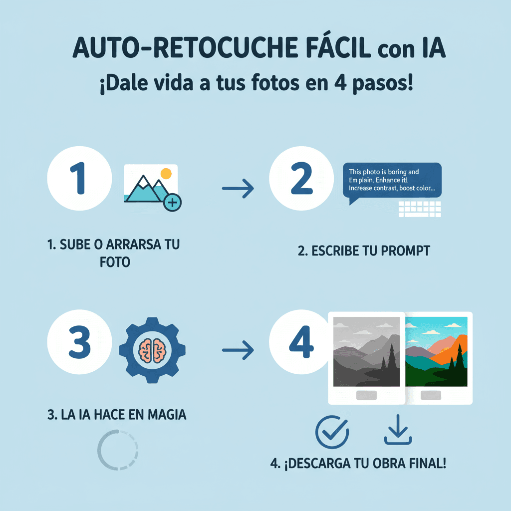Usage steps for an AI tool in the photo editing category, showcasing easy auto photo enhancement features.