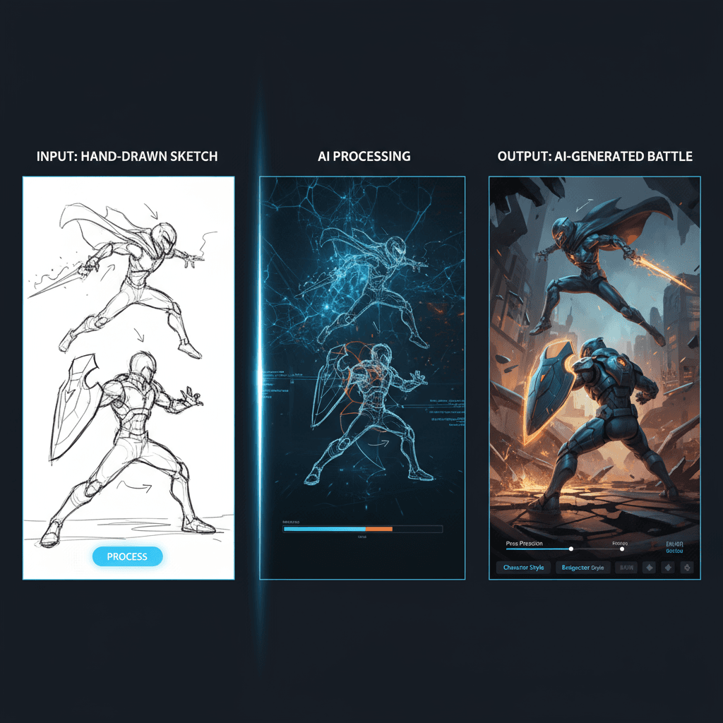 "Hand-drawn Sketch Controls Multi-Character Poses: Use sketches for precise AI generation of combat poses for multiple characters."