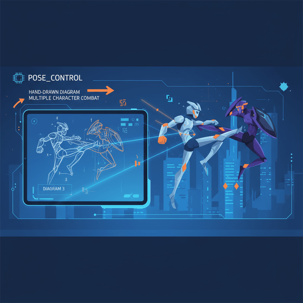 Hand-drawn sketches showcase AI tools for precisely controlling multiple characters' combat poses in pose_control applications.