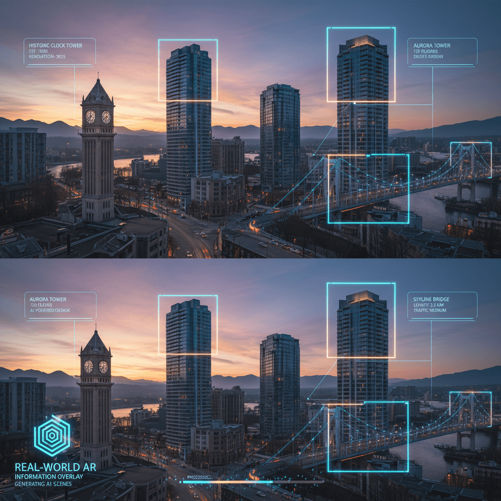 Real-World AR Information Overlay adds AI-generated annotations and point-of-interest displays to real scenes for enhanced interactivity.