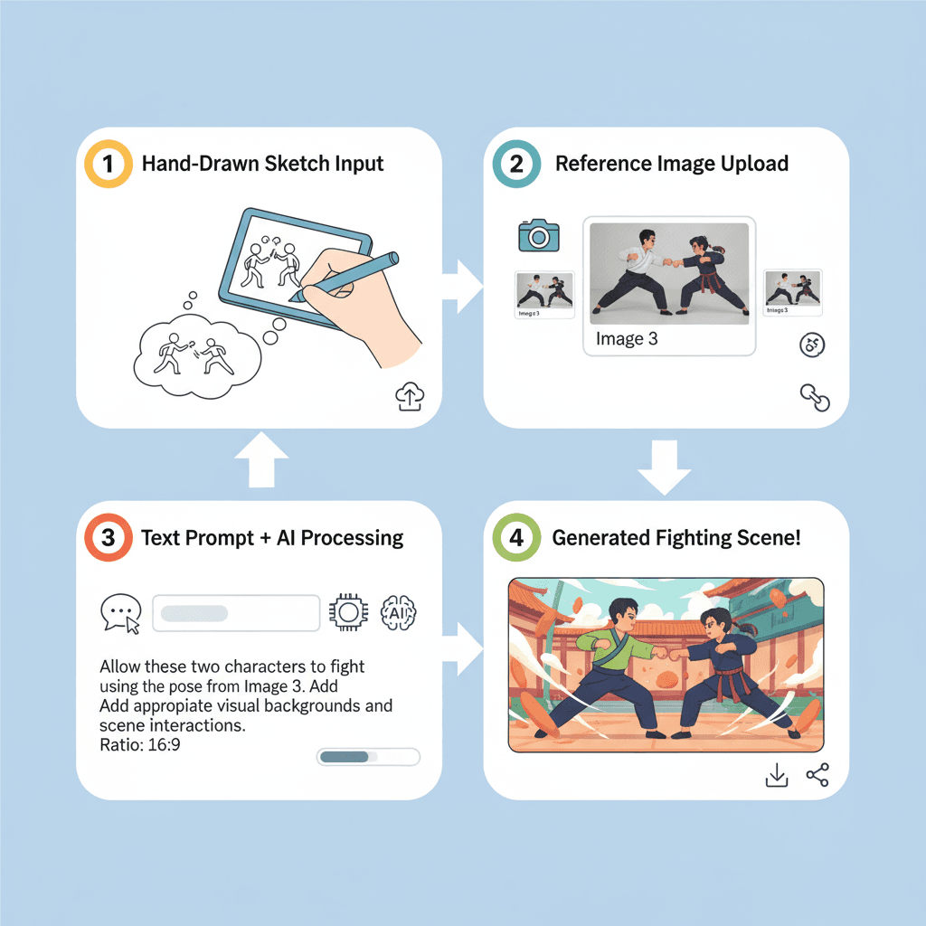 "Usage steps for an AI tool that uses hand-drawn sketches to easily control multiple characters' combat poses."