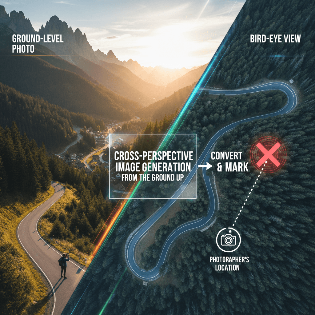Kreuz-Perspektiven-Bilderzeugung: KI-Generierung, die Bodenansichten in Luftperspektiven umwandelt und die ursprüngliche Aufnahmeposition markiert.