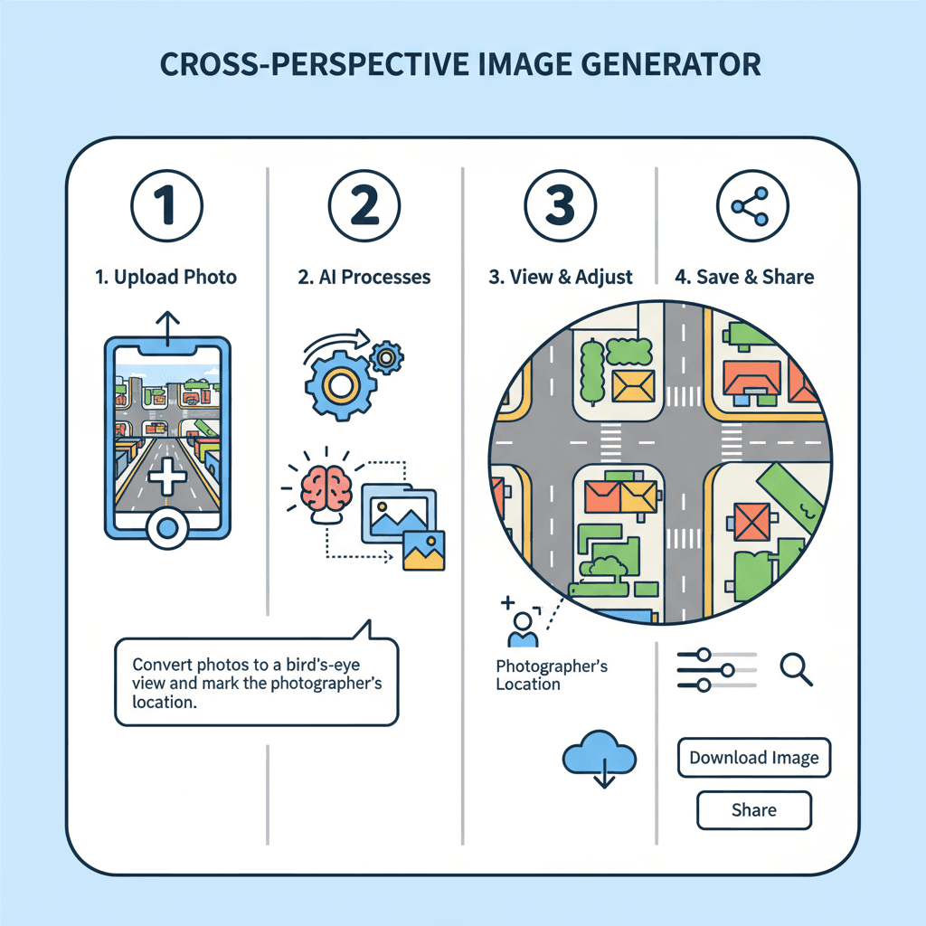 "Nutzungsanleitung für ein KI-Tool, das Bodenbilder in Luftansichten umwandelt und die ursprünglichen Positionen einfach markiert."