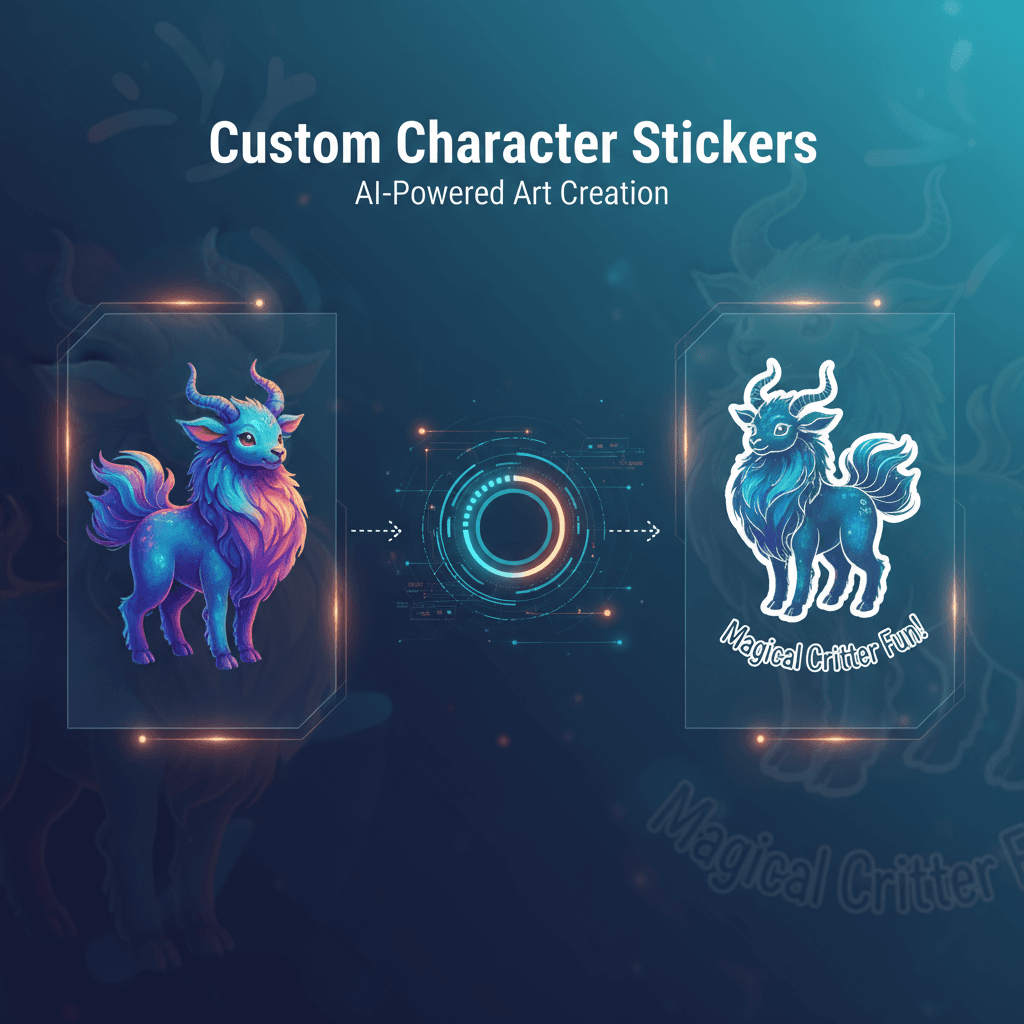 La herramienta de Stickers de Personajes Personalizados transforma imágenes de personajes en stickers de contorno blanco lindo utilizando generació…