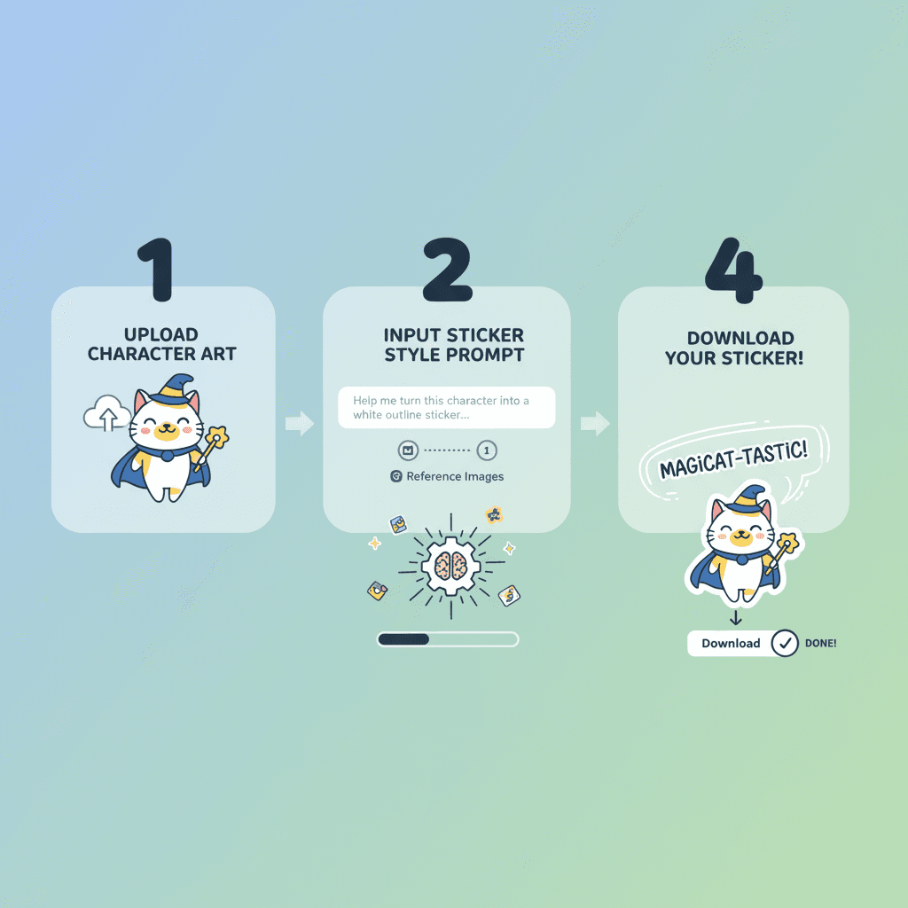 "Pasos de uso para una herramienta de IA para transformar imágenes de personajes en stickers de contorno blanco lindo, mostrando una guía de proces…