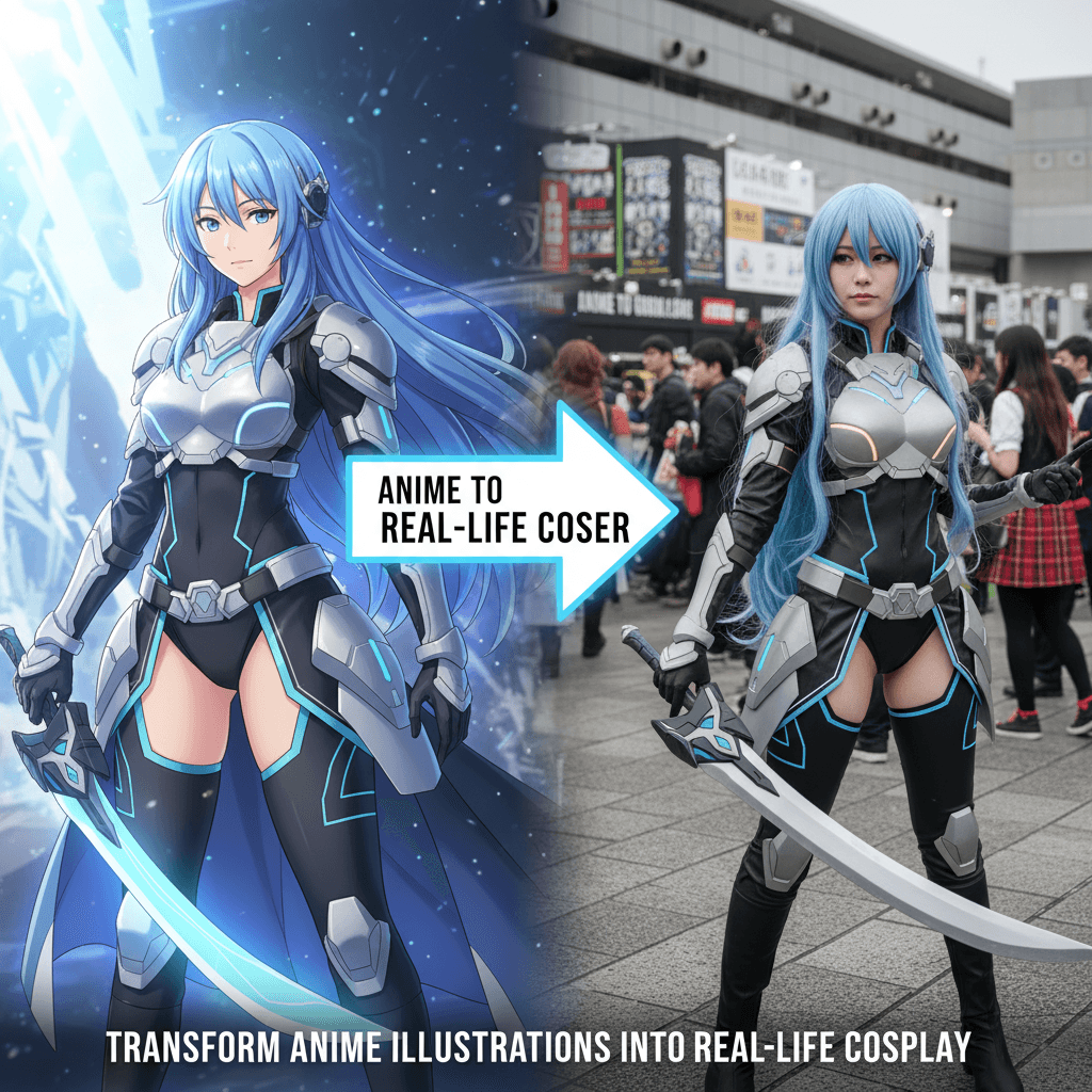 "Anime zu Real Cosplayer: Verwandle Anime-Illustrationen in echte Cosplay-Fotografie mit KI-Generierungstechnologie."