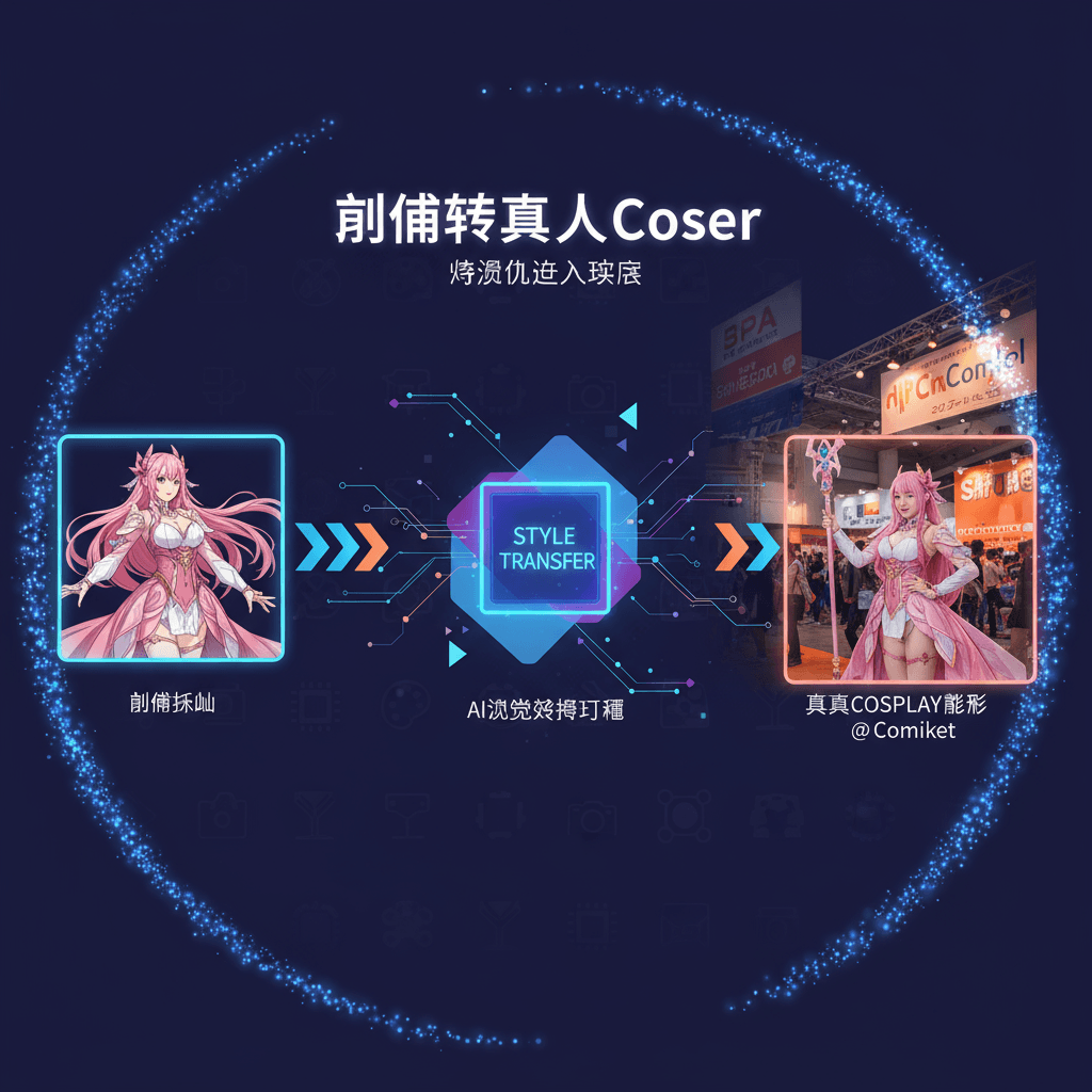 "KI-Tool, das Anime-Illustrationen in echte Cosplay-Fotografie verwandelt und Fantasie nahtlos mit Realität verbindet."