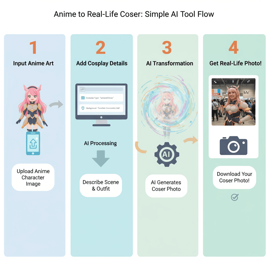 Nutzungsanweisungen für ein KI-Tool, das Anime-Illustrationen in echte Cosplay-Fotografie verwandelt, und dabei die Benutzerfreundlichkeit und Proz…