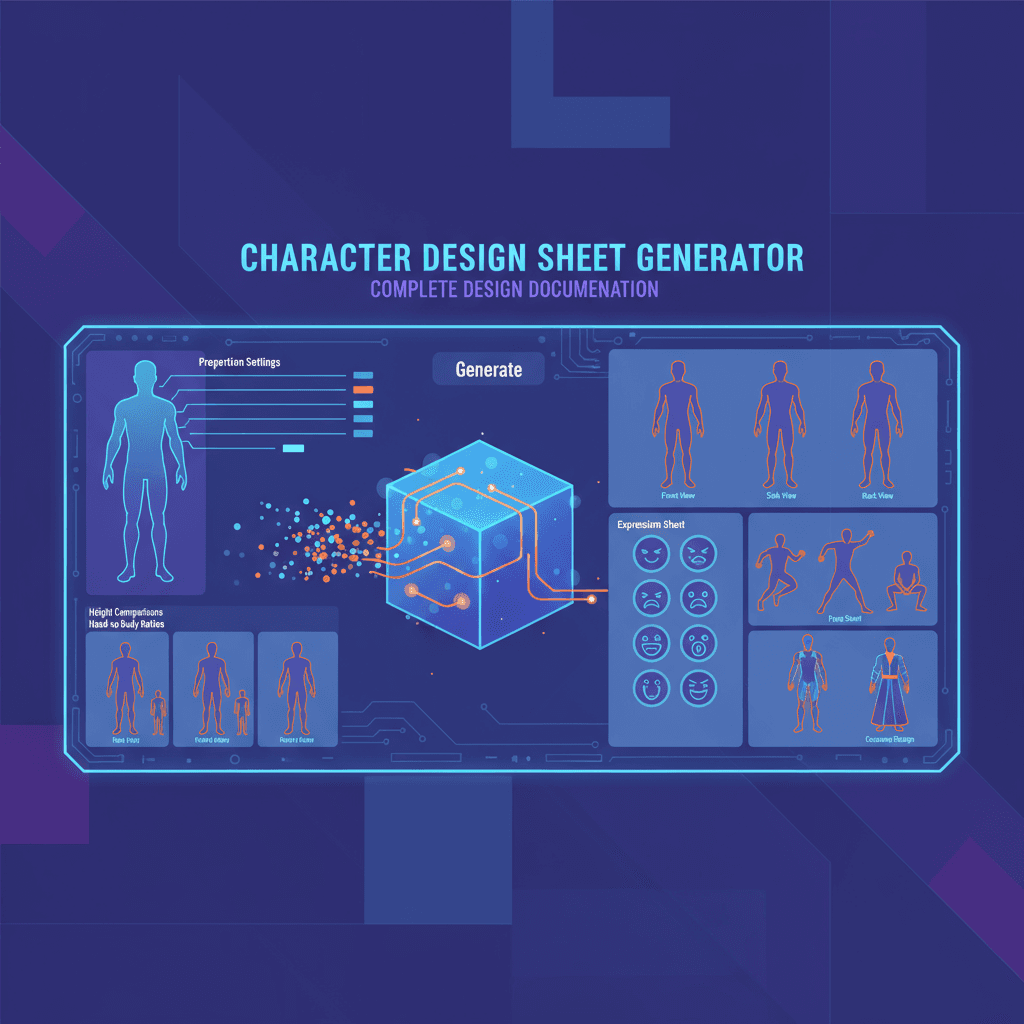 비율, 세 가지 보기 및 표정을 보여주는 캐릭터 디자인 시트의 예술적 일러스트레이션, AI에 의해 생성된 캐릭터 디자인.
