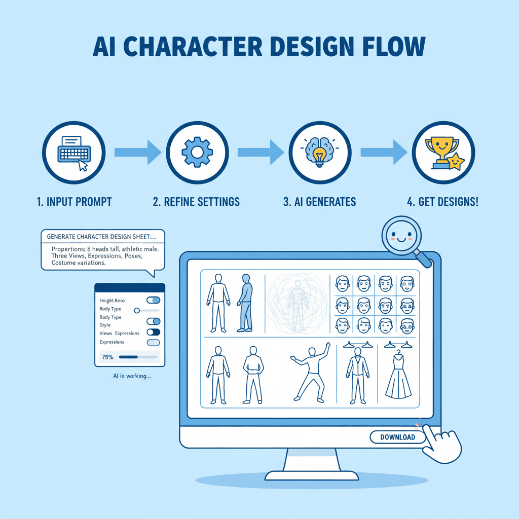 캐릭터 디자인 시트를 생성하기 위한 AI 도구의 사용 워크플로우 다이어그램, 완전한 디자인 문서를 위한 간단한 단계를 보여줍니다.