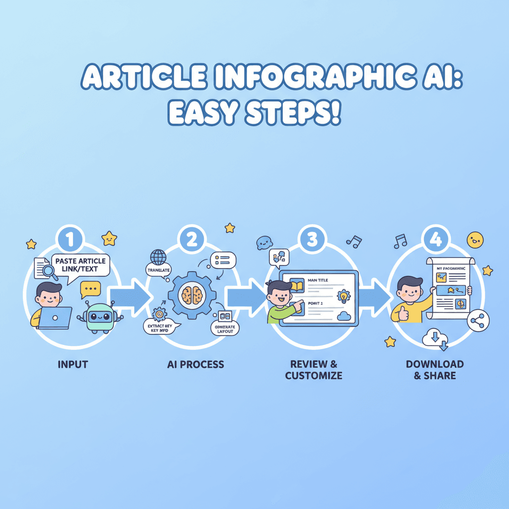 一张信息图展示了使用步骤,将文章内容转换为可爱的图表设计,适合任何人使用的AI工具。