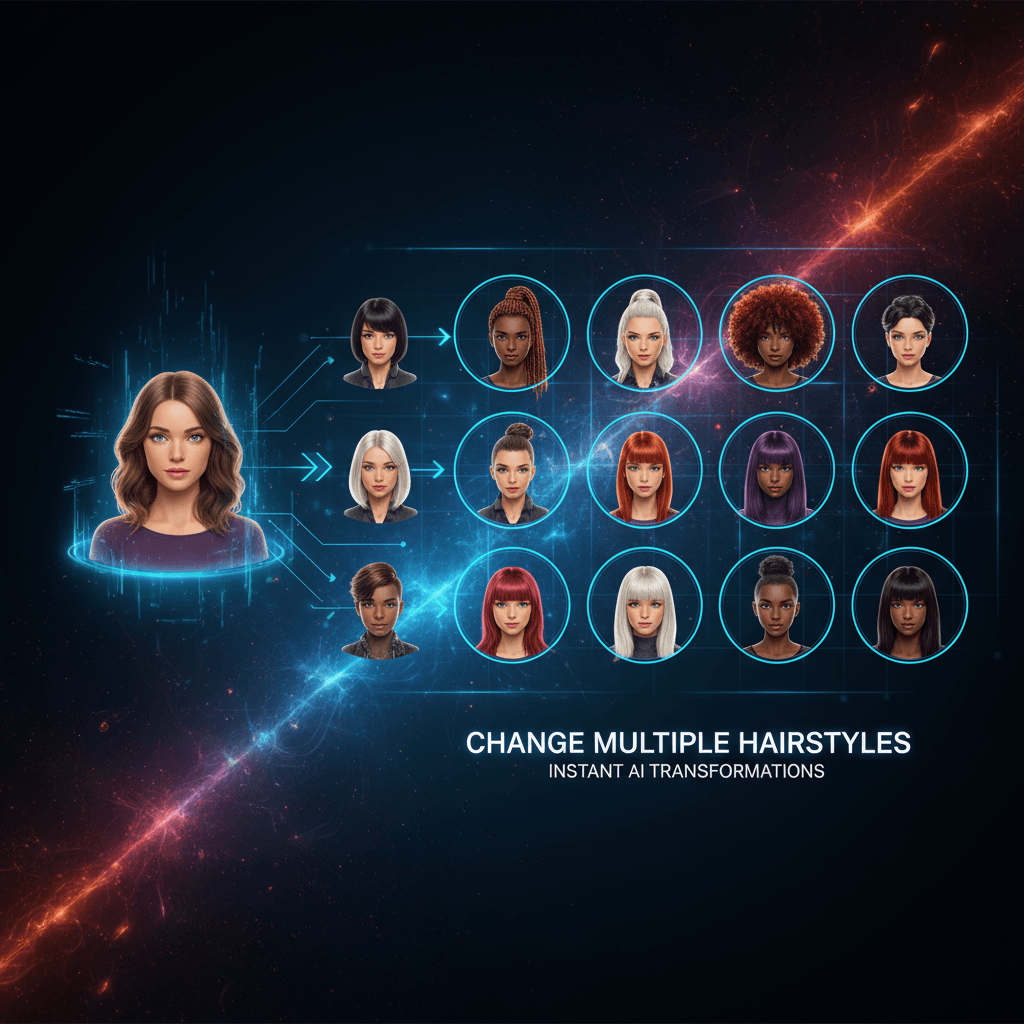 使用AI生成的发型工具,展示同一人物的九种不同发型选择,提升个人形象。