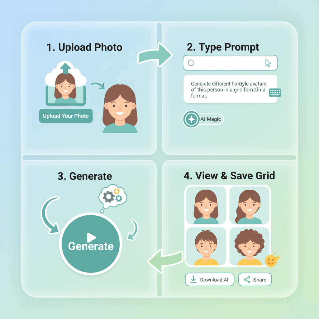 使用步骤:选择发型,上传照片,生成九宫格展示。使用AI工具,轻松换发型,简单直观。