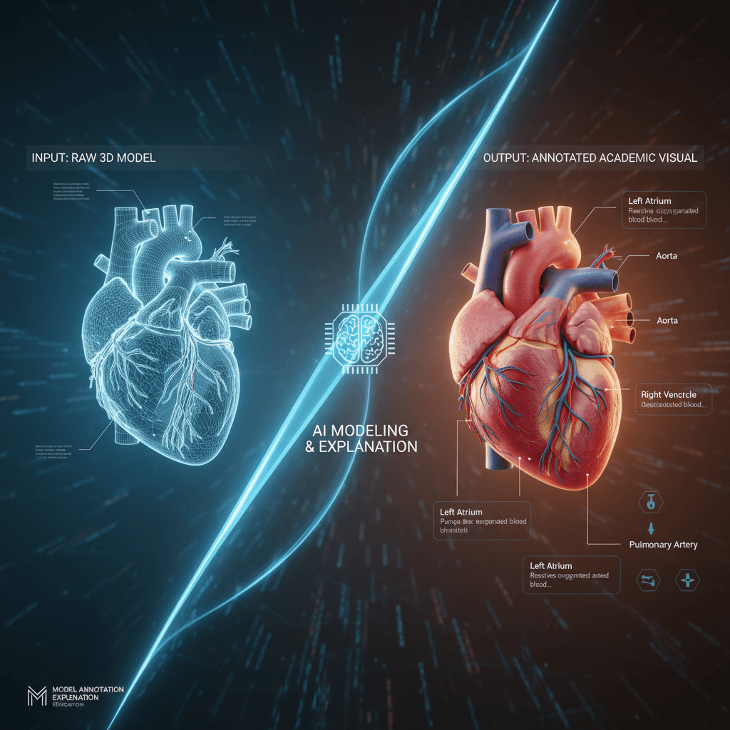 Annotated Model Explanation Diagram: AI generation of high-precision 3D organ models for academic display and education.