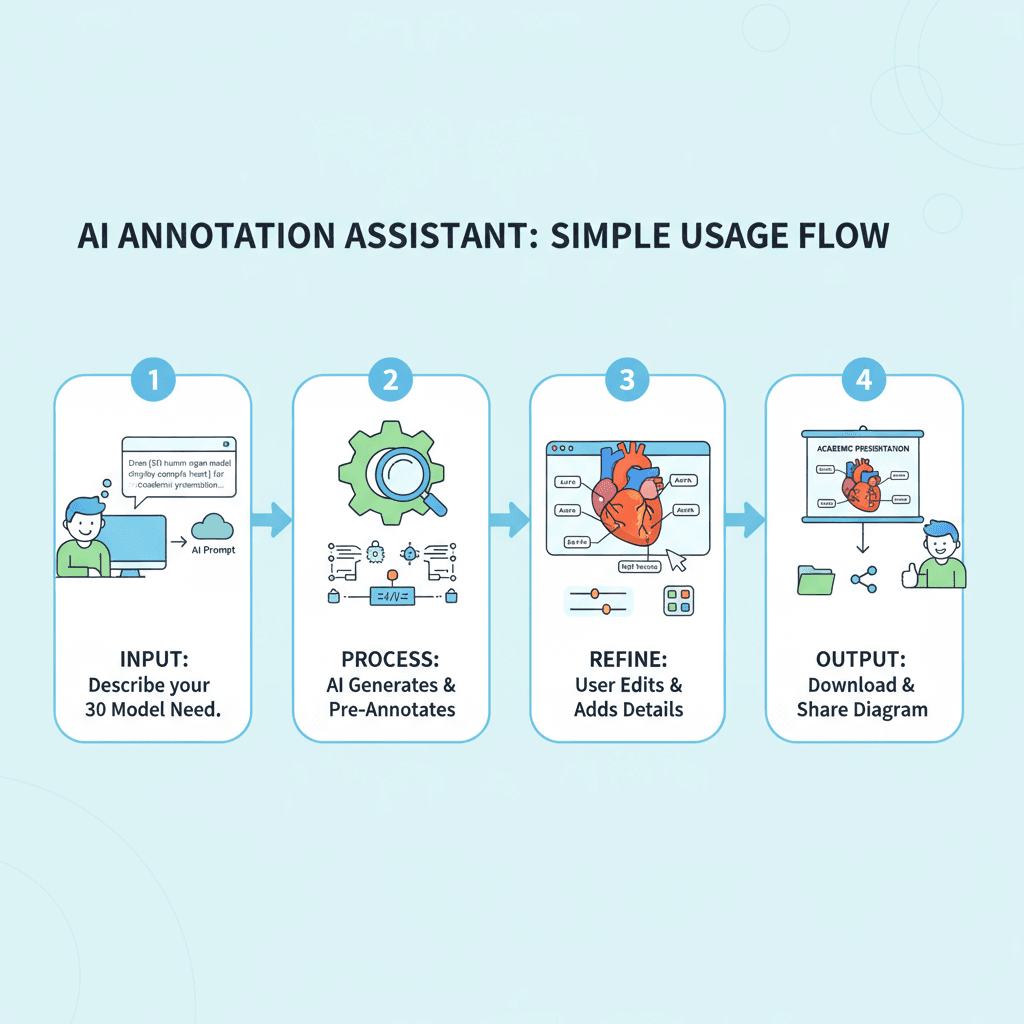 "Annotated Model Explanation Diagram showing usage steps for an AI tool that creates high-precision 3D organ models easily."