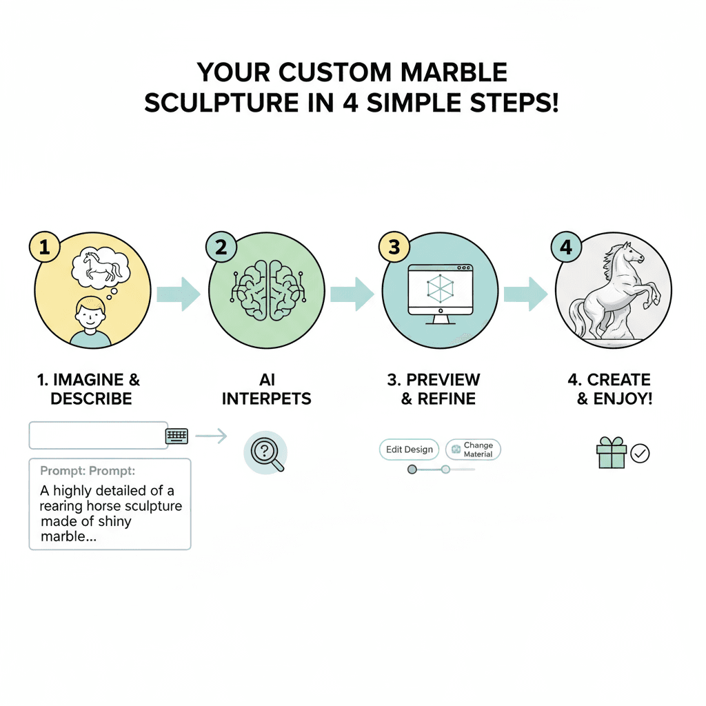 简洁流程图展示定制大理石雕塑的使用步骤,AI工具助您轻松转换任意主体为艺术品。
