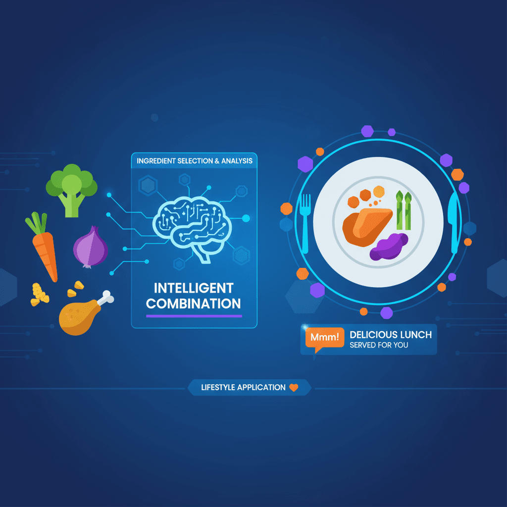 Artistic illustration of an AI tool for combining ingredients to create exquisite cuisine in lifestyle cooking.