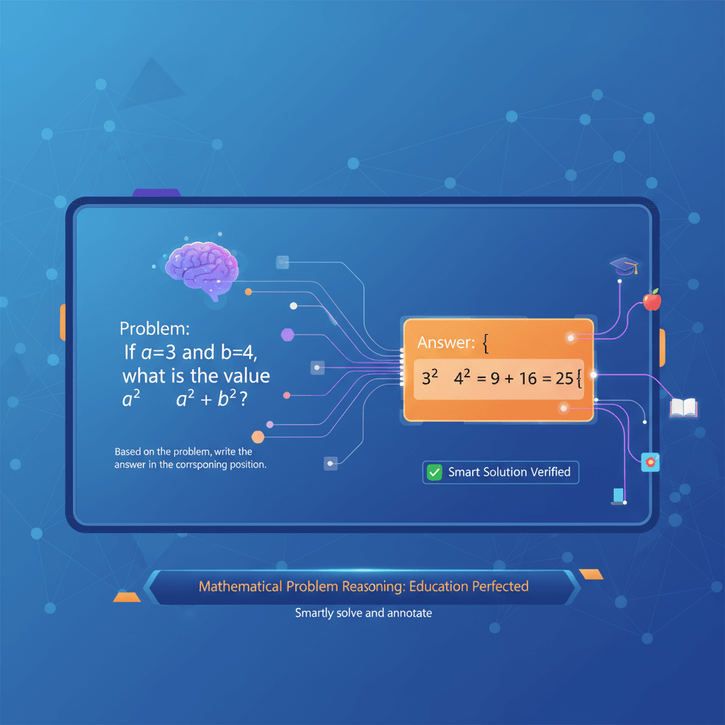 Artistic illustration of "Math Problem Reasoning" showcasing an AI tool that intelligently solves and annotates math problems for education.