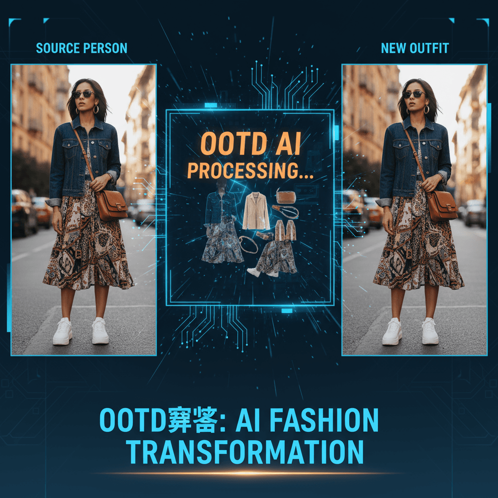 OOTD穿搭工具,AI生成时尚街拍风格照片,轻松为人物更换服装,打造个性化风格。
