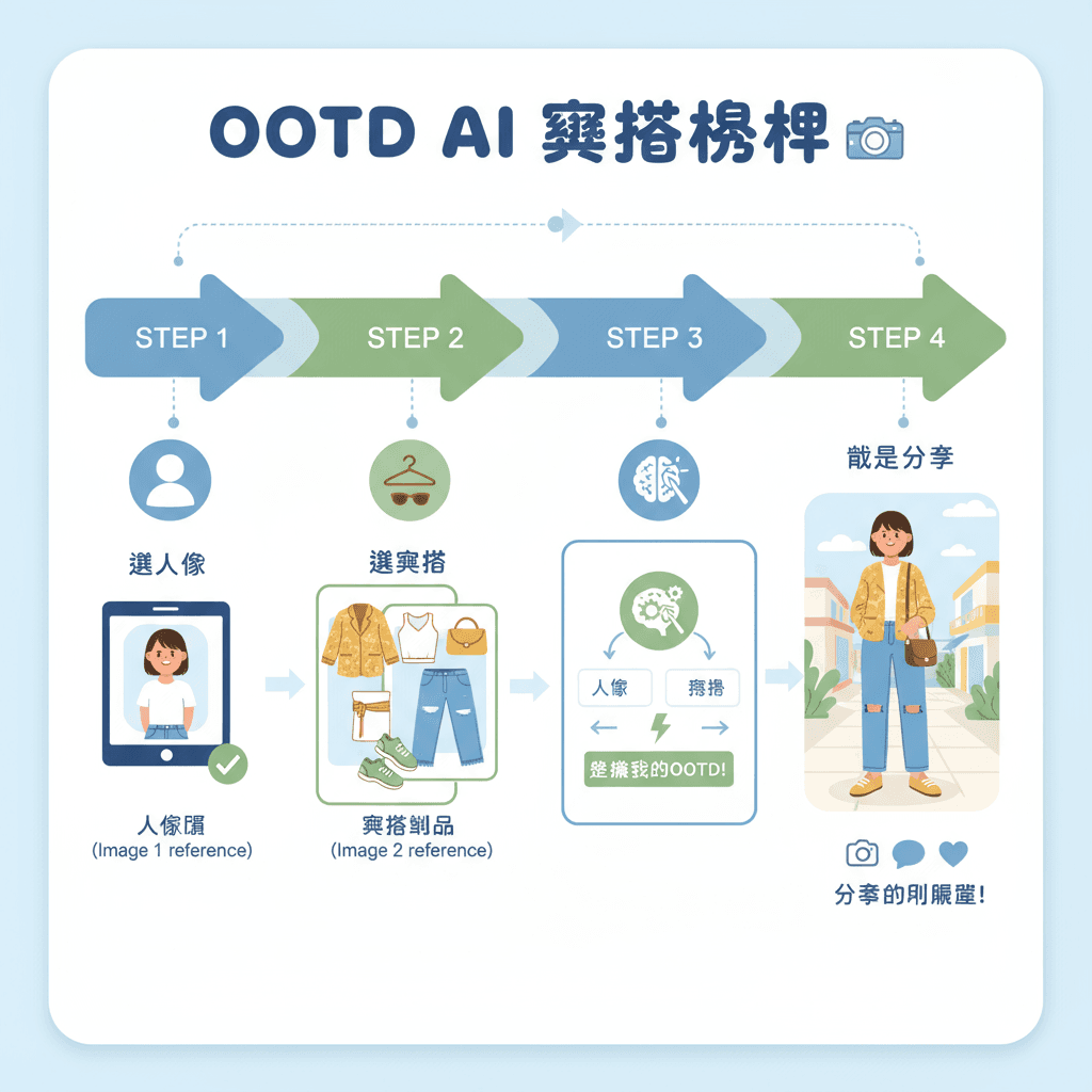 "使用步骤:选择服装、调整搭配,生成时尚街拍照片,轻松体验AI工具的便捷与乐趣。"