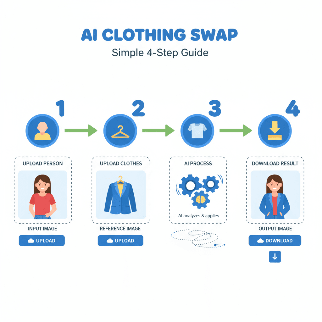 Alt文本:使用步骤:选择人物、上传环境,使用AI工具轻松更换服装,保持姿势不变,简单易用。