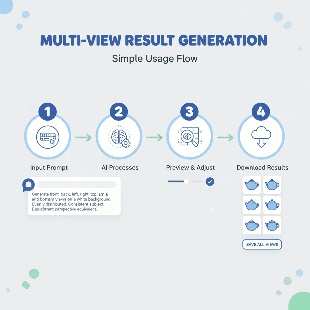 一张流程图展示了AI工具的使用步骤,轻松生成物体的六个视图:前后左右上下,指导用户简便操作。