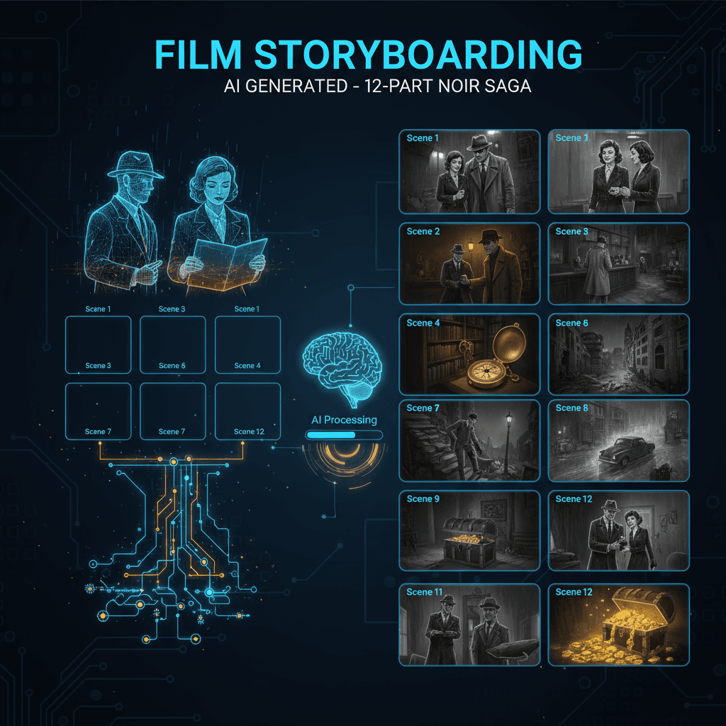 Film Storyboard: Create a 12-part noir film style storyboard with AI generation for unique narratives and visuals.