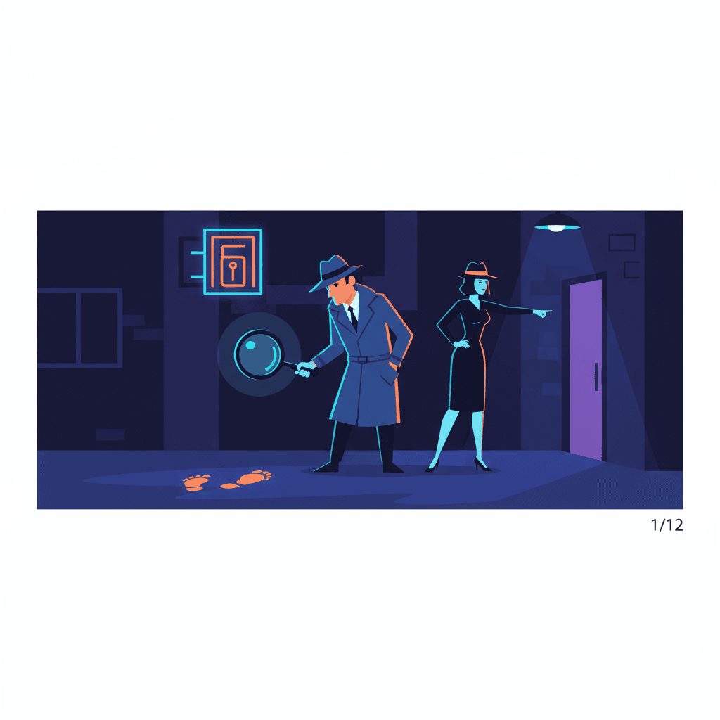 Artistic illustration of a 12-part noir film storyboard created using AI for visual storytelling and scene planning.
