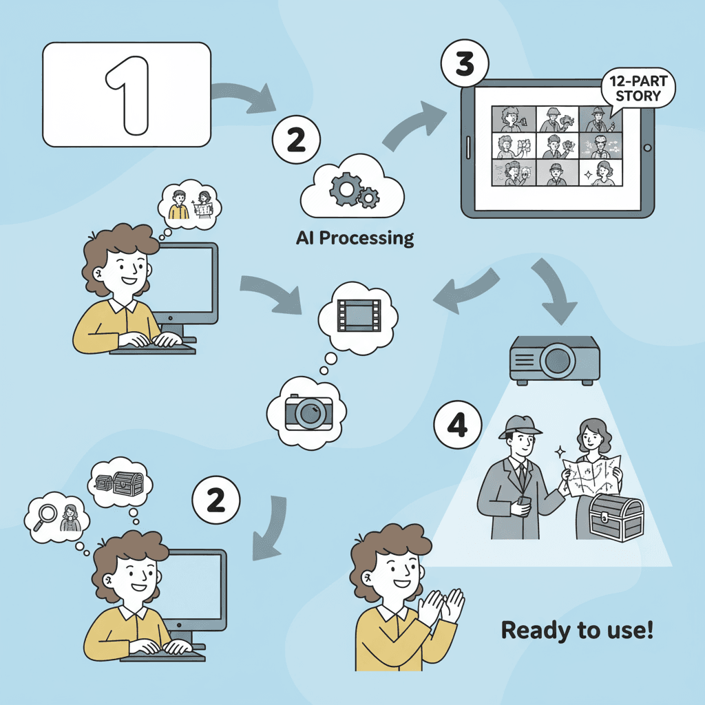 Usage steps for an AI tool that simplifies creating a 12-part noir film storyboard, guiding users effortlessly through the process.