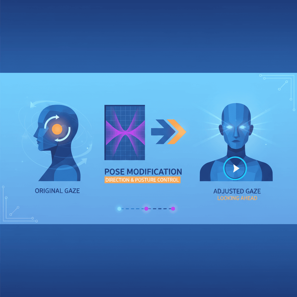Artistic illustration of "Character Pose Adjustment": AI tool for adjusting gaze and posture in character design.