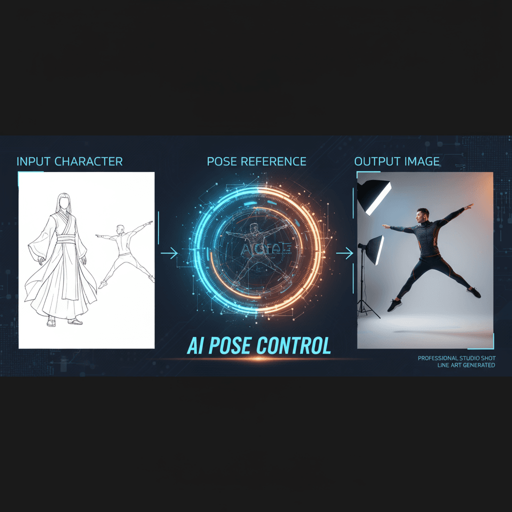 "Line Art to Image Generation: AI generation for replacing characters with specified poses in professional photography style."