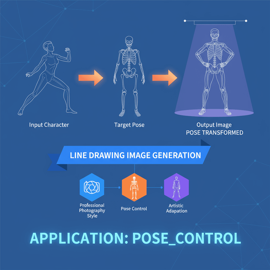 Line art illustration showcasing AI tool for pose control in professional photography, transforming characters into specified poses.