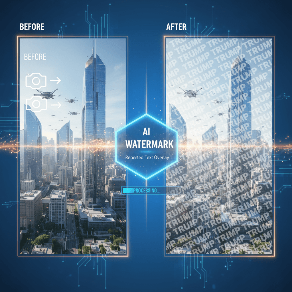 "Add Watermark to Image tool creates a repeated text watermark effect across the entire photo using AI generation."