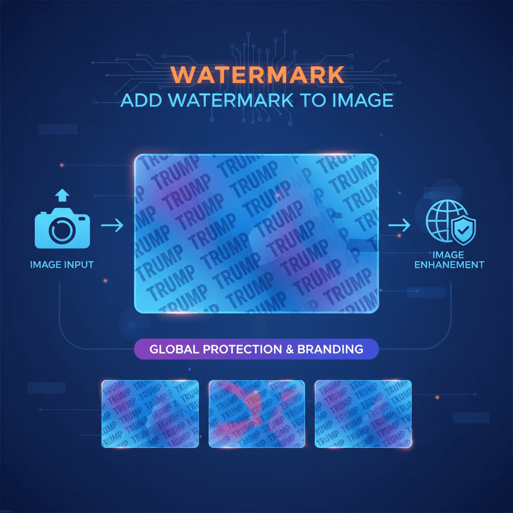 Artistic illustration of an AI tool for adding repeated text watermarks across an image, enhancing image security and branding.
