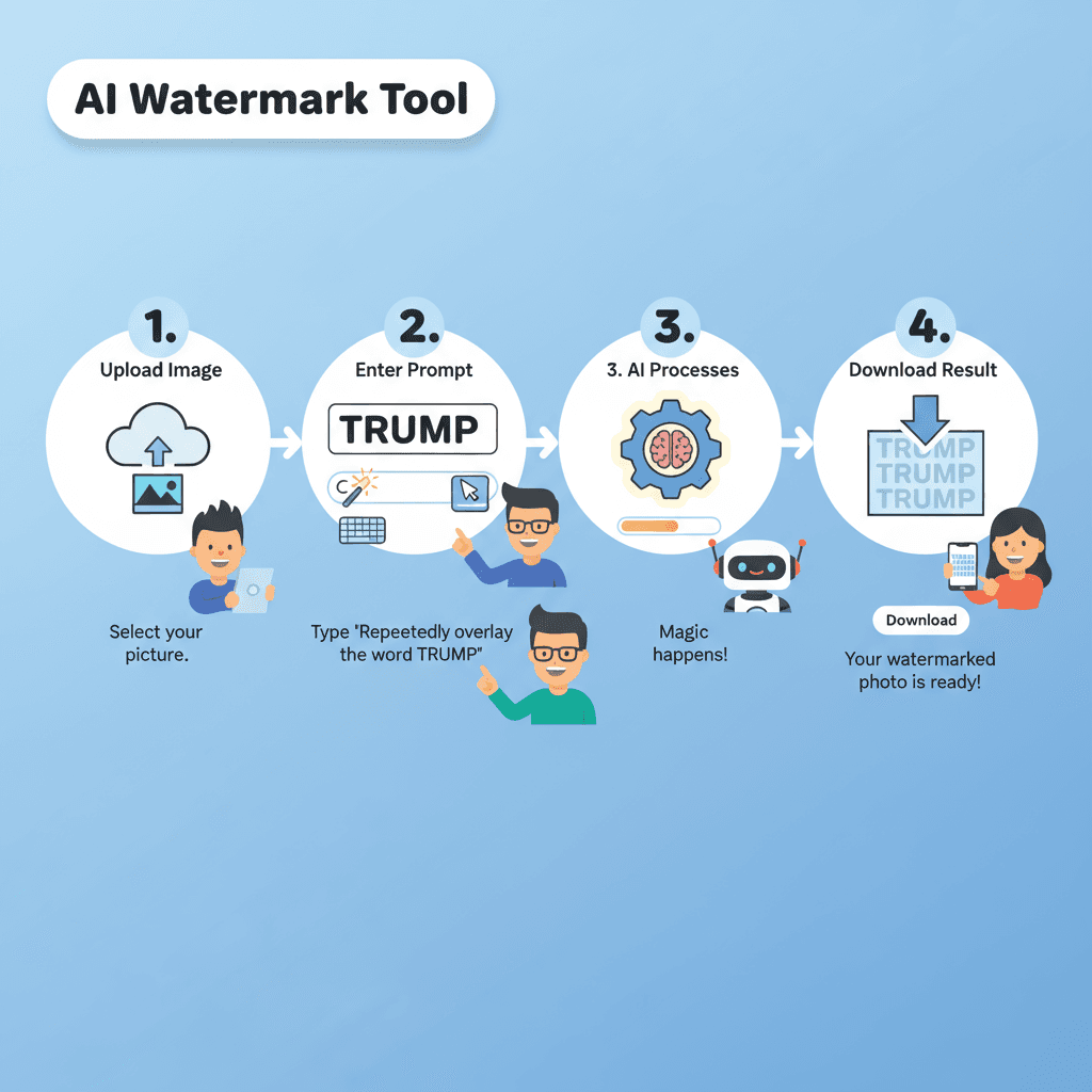 Usage steps for adding a repeated text watermark to an image using this AI tool, showcasing ease of use and clear process guidance.