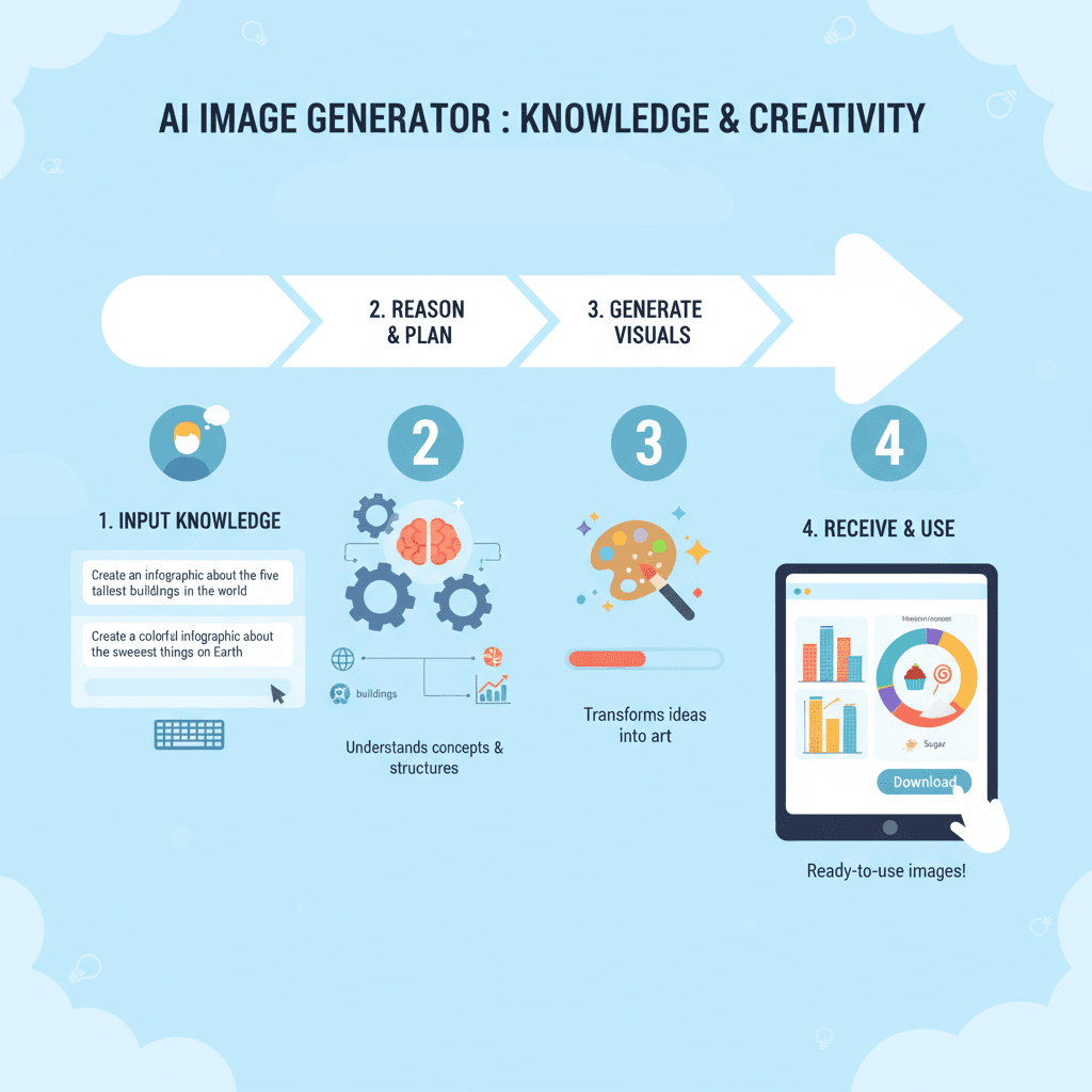 "Workflow diagram illustrating usage steps for an AI tool in generating educational infographics easily."