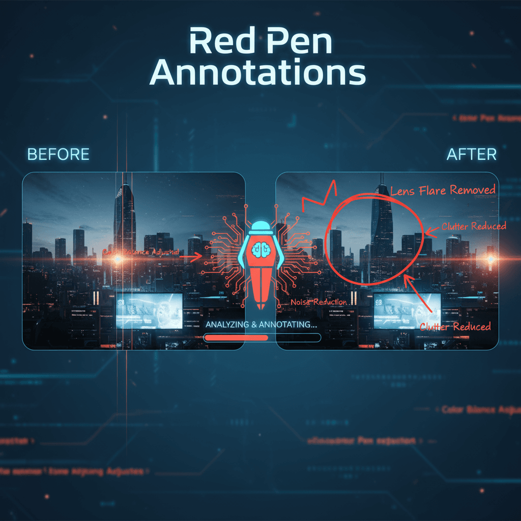 Red Pen Annotation: AI generation tool analyzing visuals, marking improvable areas with red pen for enhanced clarity and focus.